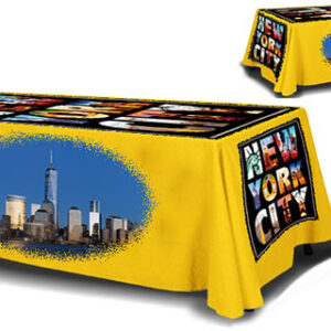 A table with a yellow printed cover